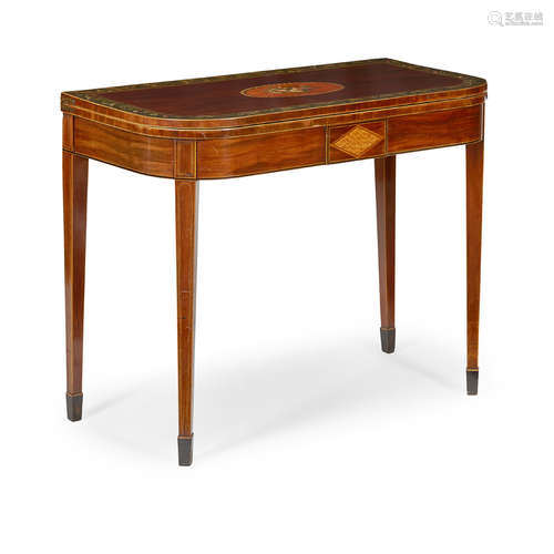 GEORGE III PAINTED MAHOGANY AND SATINWOOD CARD TABLE LATE 18TH CENTURY the D shaped fold-over top