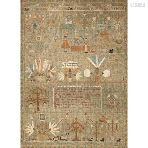 GEORGE IV PICTORIAL NEEDLEWORK SAMPLER, BY SOPHIA ALLAN DATED 30 MAY, 1822 of rectangular form,