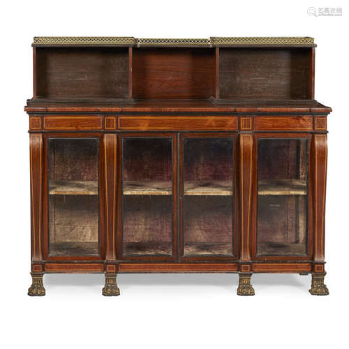 REGENCY ROSEWOOD, EBONISED AND BRASS MOUNTED LOW BOOKCASE CABINET EARLY 19TH CENTURY the