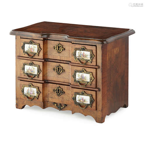 MINIATURE CONTINENTAL PORCELAIN MOUNTED WALNUT COMMODE LATE 19TH/ EARLY 20TH CENTURY the shaped