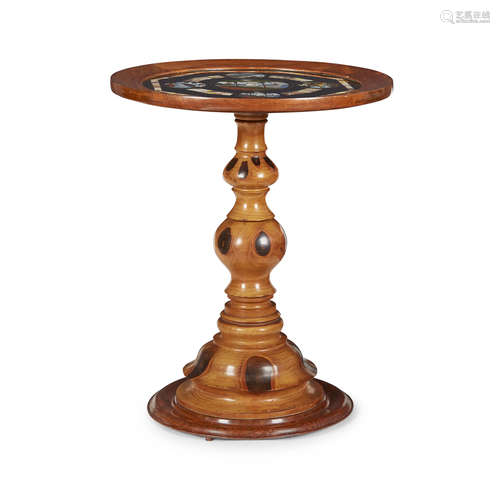 BRAZILIAN MONKEY PUZZLE WOOD AND BUTTERFLY WING TABLE EARLY 20TH CENTURY the circular top with a