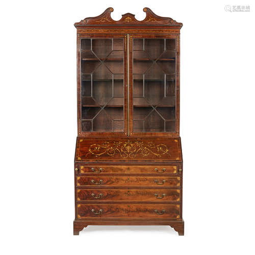 GEORGIAN STYLE MAHOGANY INLAID BUREAU BOOKCASE LATE 19TH CENTURY the swan neck pediment above a pair