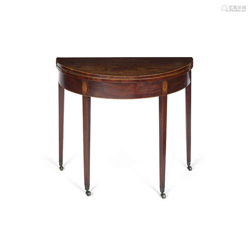 LATE GEORGE III MAHOGANY INLAID DEMILUNE CARD TABLE LATE 18TH CENTURY the top with boxwood stringing