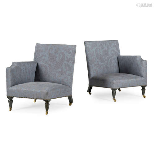 PAIR OF UPHOLSTERED CORNER ARMCHAIRS MODERN ensuite with the preceding lot, the square padded