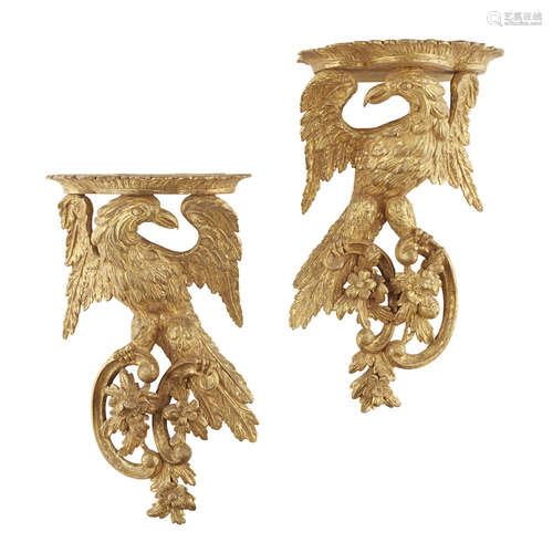 PAIR OF GEORGIAN STYLE CARVED GILTWOOD WALL BRACKETS CIRCA 1900 with bowed platforms above carved