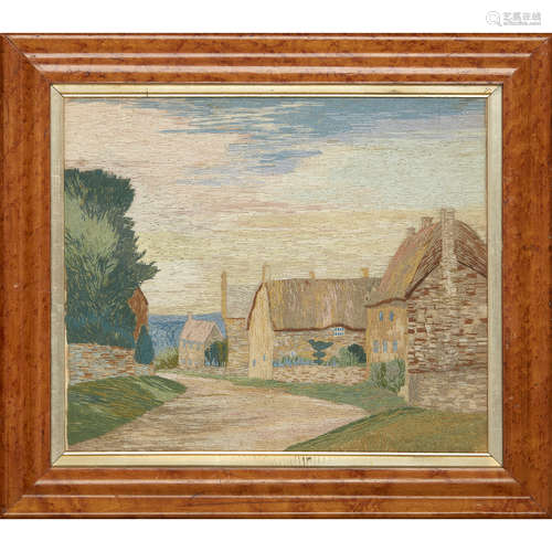 WOOLWORK PICTURE OF HIDCOTE BOYCE LATE 19TH/ EARLY 20TH CENTURY of rectangular form, depicting