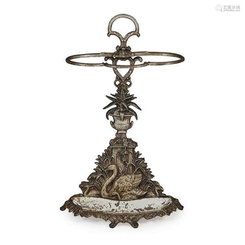 VICTORIAN CAST IRON STICK STAND 19TH CENTURY the backplate cast with a flowering urn and swan, above