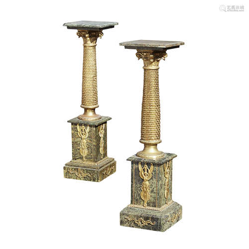 PAIR OF EMPIRE STYLE MARBLE AND GILT METAL PEDESTALS 20TH CENTURY the square marble tops on gilt