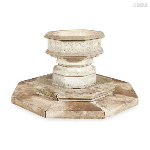 HADDONSTONE LARGE 'GOTHIC' JARDINIERE AND BASE of octagonal form with quatrefoil panels, on a two-