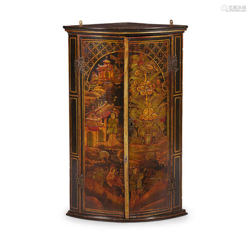 GEORGE III JAPANNED BOWFRONT CORNER CUPBOARD 18TH CENTURY decorated with Chinese figures, flower-