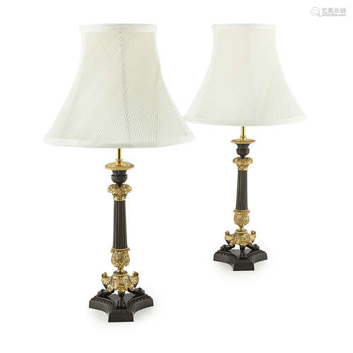 PAIR OF REGENCY GILT AND PATINATED BRONZE TABLE LAMPS EARLY 19TH CENTURY previously candlesticks,