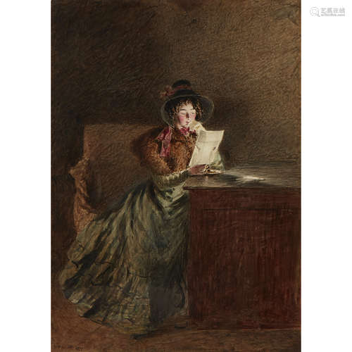 WILLIAM HENRY HUNT O.W.S. (BRITISH 1790-1864) GIRL READING A LETTER BY LAMPLIGHT Signed and dated