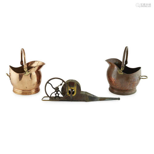 TWO COPPER COAL SCUTTLES 19TH CENTURY of helmet form with bale handles and brass fittings, 43cm