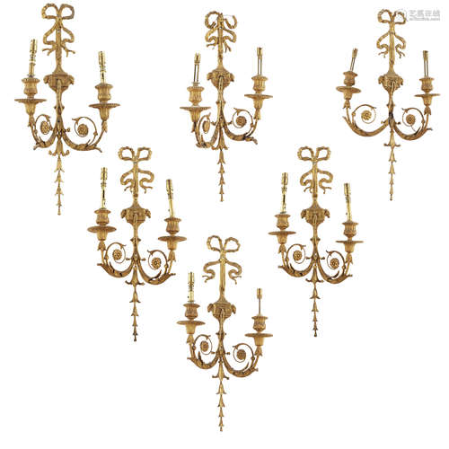 SET OF SIX GILTWOOD AND GESSO NEOCLASSICAL WALL APPLIQUES 19TH CENTURY the ribbon-tied backs with