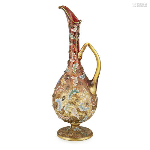 MOSER ENAMELLED AMBERINA GLASS EWER LATE 19TH CENTURY of baluster form, the slightly lobed body