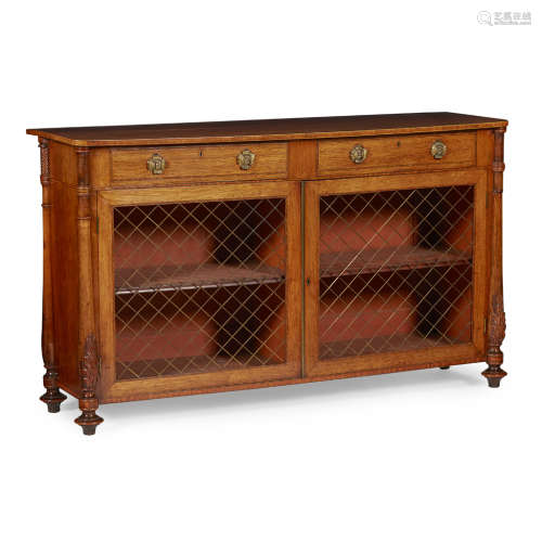 REGENCY ROSEWOOD, INLAY AND BRASS SIDE CABINET EARLY 20TH the crossbanded top with line inlay
