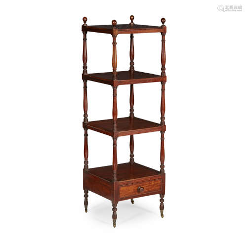 REGENCY MAHOGANY WHATNOT EARLY 19TH CENTURY of small size, with four tiers and a base drawer, raised