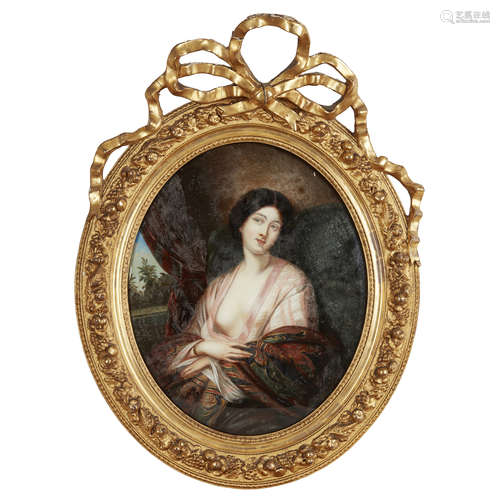 FRENCH REVERSE PAINTING ON GLASS OF A LADY 19TH CENTURY the oval convex glass plate reverse