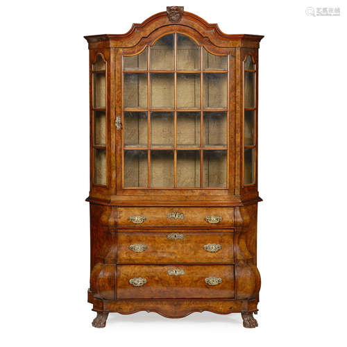 DUTCH WALNUT DISPLAY CABINET 19TH CENTURY of small size, the arch moulded cornice above an