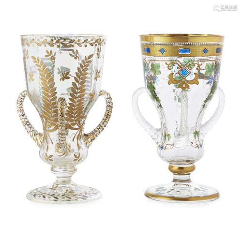 TWO VENETIAN GILDED AND ENAMEL GLASS GOBLETS EARLY 20TH CENTURY of moulded panelled form with