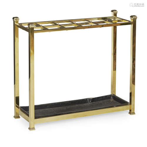 BRASS STICK STAND EARLY 20TH CENTURY with twelve divisions and square corner finials and drip pan