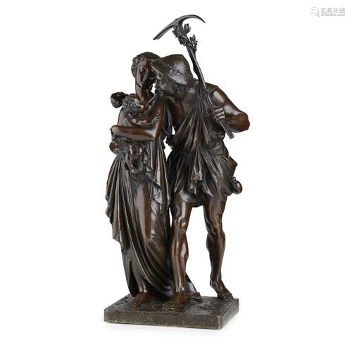 ETIENNE HENRI DUMAIGE (FRENCH 1830-1888) RETOURS DES CHAMPS bronze figure group, dark brown