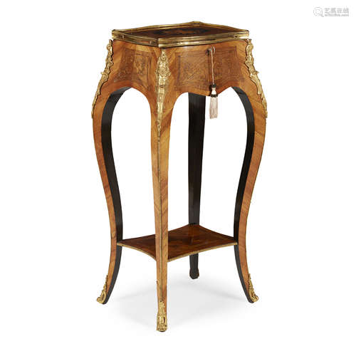 FRENCH KINGWOOD, MARQUETRY AND BRASS BANDED TEA POY 19TH CENTURY in the Louis XV style, the hinged