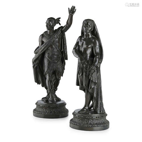 PAIR OF FRENCH PATINATED SPELTER FIGURES EMBLEMATIC OF AFRICA AND AMERICA 19TH CENTURY dark brown/