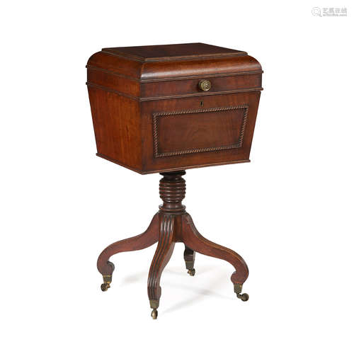 REGENCY MAHOGANY CELLARETTE ON STAND EARLY 19TH CENTURY of sarcophagus form, opening to a three-