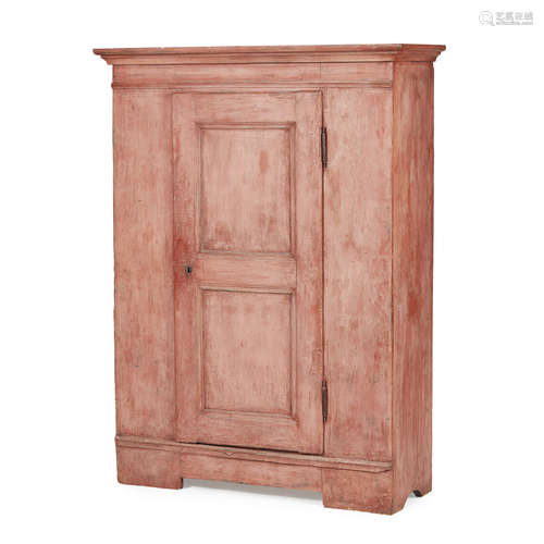 ITALIAN RED PAINTED PINE CUPBOARD, PROBABLY TUSCANY 18TH CENTURY AND LATER the later moulded cornice