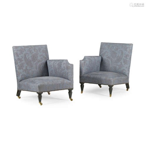 PAIR OF UPHOLSTERED CORNER ARMCHAIRS MODERN the square padded backs above wide square seats and a