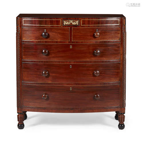 IRISH REGENCY MAHOGANY BRASS INLAID BOWFRONT CHEST OF DRAWERS 19TH CENTURY the brass inlaid frieze