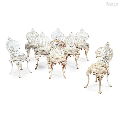 SET OF EIGHT VICTORIAN CAST IRON CONSERVATORY CHAIRS LATE 19TH CENTURY with pierced balloon backs