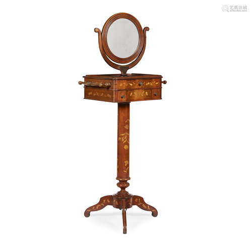 DUTCH WALNUT AND MARQUETRY SHAVING STAND 19TH CENTURY the circular mirror plate in a moulded frame