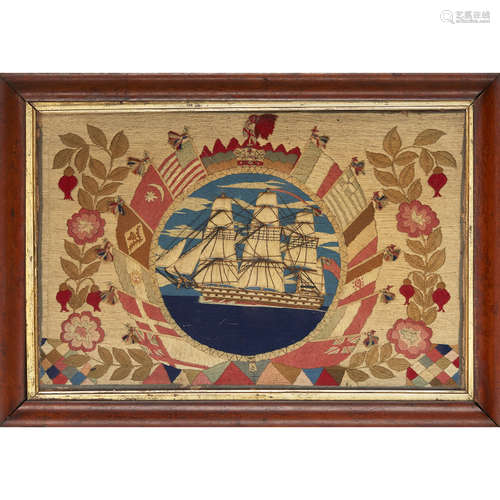 SAILOR'S WOOLWORK PICTURE CIRCA 1860 of rectangular form, stitched with a central circular