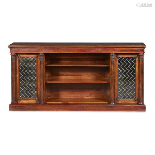 REGENCY ROSEWOOD AND BRASS LOW BOOKCASE EARLY 19TH CENTURY the central section with fixed open