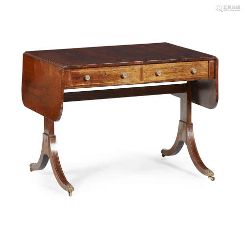 REGENCY ROSEWOOD SOFA TABLE EARLY 19TH CENTURY the rounded rectangular top with drop leaf ends above