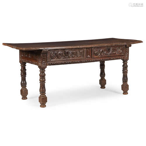 SPANISH WALNUT REFECTORY TABLE 17TH CENTURY the single board top above a foliate carved panelled