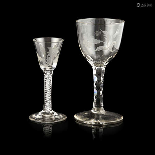 TWO GEORGIAN ENGRAVED WINE GLASSES LATE 18TH/ EARLY 19TH CENTURY comprising an example with a