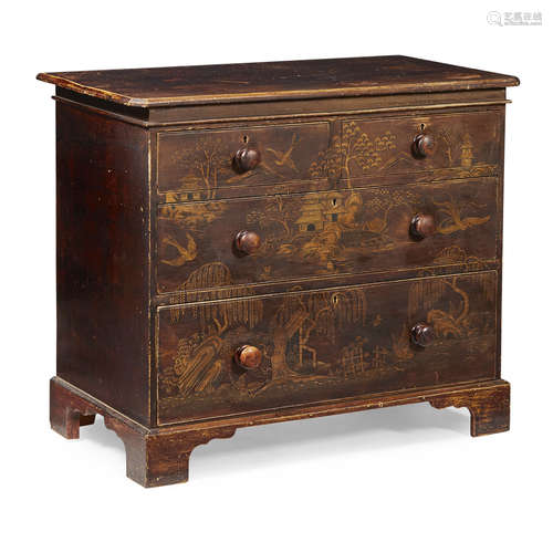 GEORGIAN PAINTED AND JAPANNED PINE CHEST OF DRAWERS EARLY 19TH CENTURY, THE JAPANNING LATER the