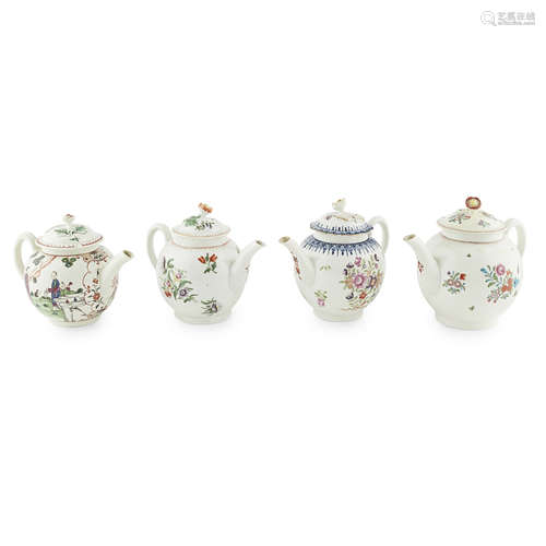 FOUR ENGLISH PORCELAIN BULLET-FORM COVERED TEAPOTS 18TH CENTURY all with rose modelled finials and