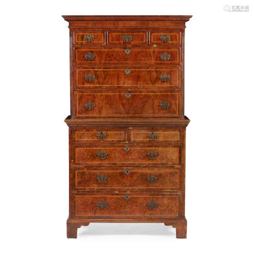 GEORGE II WALNUT, OAK AND INLAY CHEST-ON-CHEST 18TH CENTURY the moulded cornice over three short and