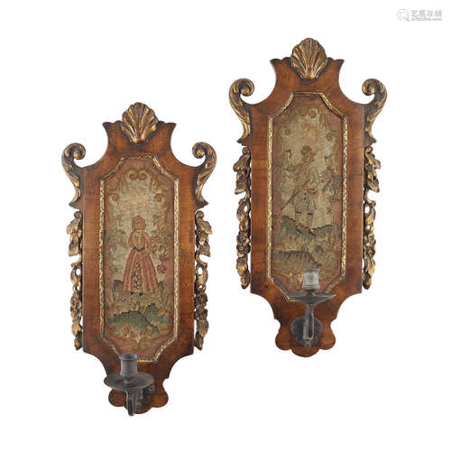 PAIR OF DUTCH WALNUT, PARCEL GILT AND EMBROIDERED WALL SCONCES 18TH CENTURY the backplates