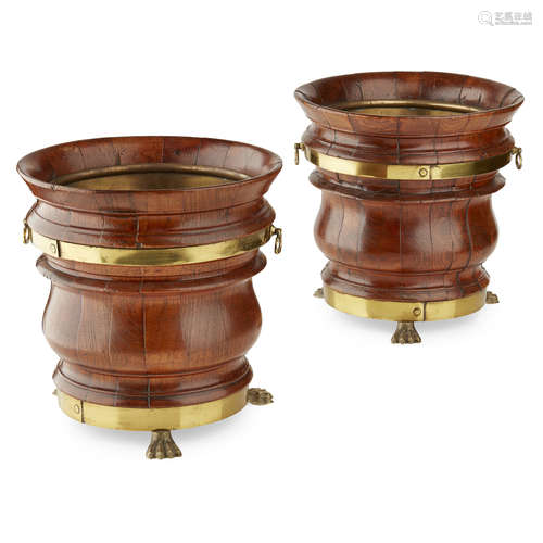 PAIR OF BRASS BOUND OAK OYSTER BUCKETS 19TH CENTURY the shapely waisted buckets with everted rims,