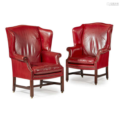 PAIR OF GEORGIAN STYLE RED LEATHER WING ARMCHAIRS LATE 20TH CENTURY the wide backs and deep wings