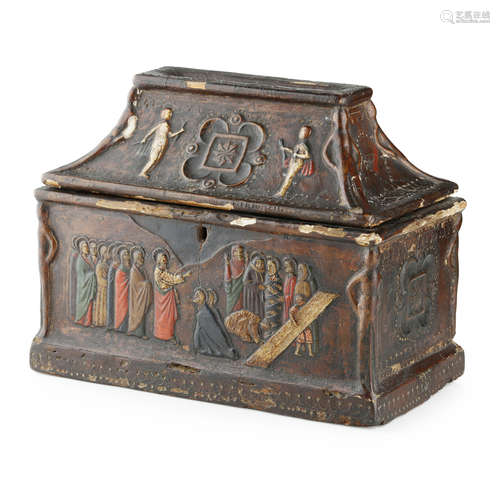 ITALIAN POLYCHROMED AND GILT DECORATED PASTIGLIA CASKET 19TH CENTURY in the 15th century style,