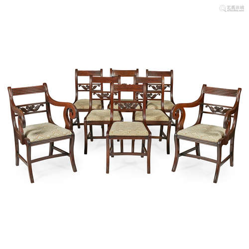 SET OF SEVEN REGENCY STYLE MAHOGANY DINING CHAIRS LATE 19TH CENTURY comprising five side chairs