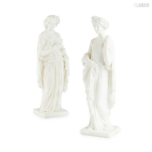 PAIR OF WHITE PAINTED ALABASTER FIGURES OF CLASSICAL MAIDENS 19TH CENTURY allegorical of Spring