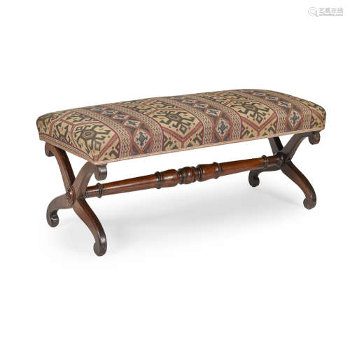 WILLIAM IV ROSEWOOD LONG STOOL EARLY 19TH CENTURY the padded seat covered in kilim style fabric,