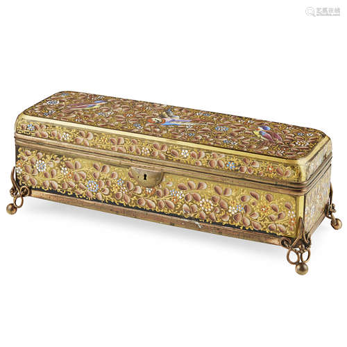 ENAMELLED GLASS GLOVE CASKET, ATTRIBUTED TO MOSER LATE 19TH/ EARLY 20TH CENTURY of shaped